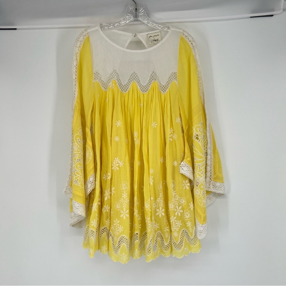 Free People x House of Aama Yellow 100% Cotton Floral Embroidered Mini Dress XS - Picture 2 of 9
